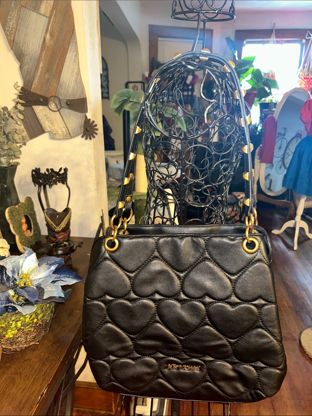 Betsey Johnson Black Quilted Heart Shoulder Bag with Gold Hardware